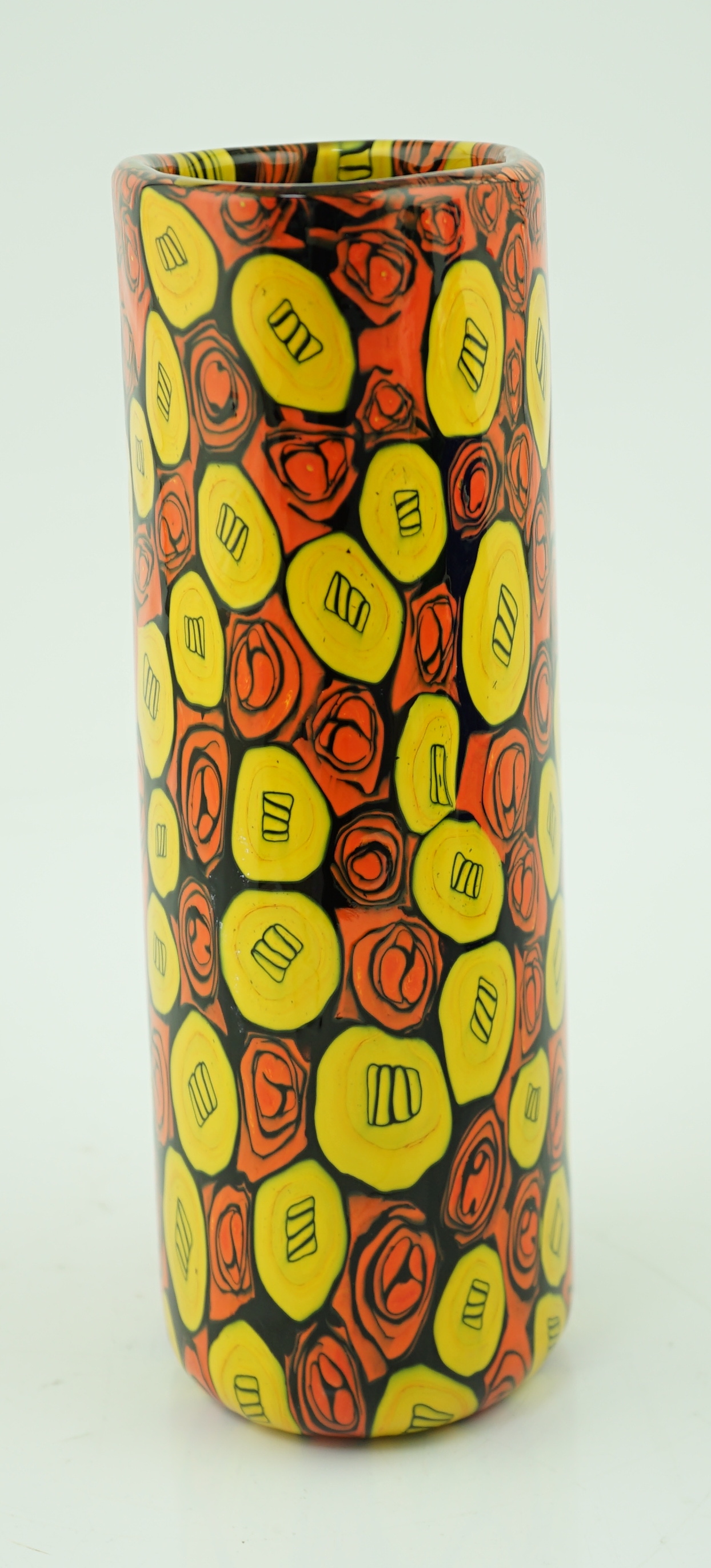 Vittorio Ferro (1932-2012) A Merano glass Murrine vase, cylindrical shaped, yellow, red and black, signed, 28cm, Please note this lot attracts an additional import tax of 20% on the hammer price